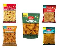 Haldiram's Snack Bundle Pack - Bhujia Masala, Samosa, Khatta Meetha, Aloo Bhujia, Bombay Mix - 5 Pack (200g each) | Authentic Indian Snacks Variety Pack | Perfect for Festive Seasons | Great Gift Idea