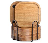 HALE OTEIR Acacia Wood Coasters Set of 6, 3.93 Inch Wooden Drink Coasters with Holder for Glasses, Coffee & Wine, Natural Wood Table Decor for Home Office Coffee Bar Table