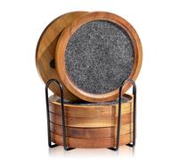 HALE OTEIR Acacia Wood Coasters Set of 6, 4.3 Inch Rustic Acacia Wood Gray Felt Coaster for Drinks Absorbent with Holder for Glasses, Coffee & Wine, Natural Wood Table Decor for Home, Office