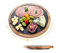 HALE OTEIR Lazy Susan Slate Serving Board - Acacia Wood Steak Plate with Slate, Cheese Platter, Steak Plate, Perfect for Charcuterie, BBQ, Dinner Parties, Rustic Design with 360° Rotation 11.8in