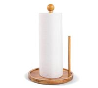 HALE OTEIR Wooden Paper Towel Holder Countertop, Solid Acacia Wood Farmhouse Paper Towel Stand with Removable Poles, Space Saving Rustic Kitchen Countertop Towel Holder No Assembly