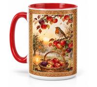 Half a Donkey Autumn Robin and Apple Harvest Ceramic Coffee Mug 15 oz | Red Accent Interior, Celtic Border Design, Watercolour Artwork, Orchard Sunset Scene, Large Capacity