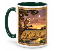 Half a Donkey Barn Owl Sunset Celtic Art Coffee Mug, Green Accent, 15 oz | Celtic Knot Border, Harvest Field Design, Two-Tone Ceramic, Crescent Moon Artwork, Watercolour Style Print