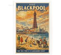 Half a Donkey Blackpool Travel Poster Tea Towel - Vintage Seaside Cotton Kitchen Towel