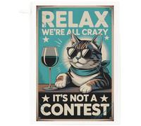 Half a Donkey Cat tea towel, 100% Cotton, Printed, Vintage Style, 'Relax We're All Crazy' Design, 65 x 47 cm
