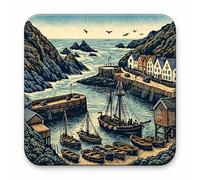 Half a Donkey Cornish themed harbour scene cork back coaster