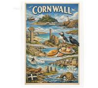 Half a Donkey Cornwall Landmarks Tea Towel - Coastal Illustration, St Michael’s Mount, Minack Theatre, Surf & Scenery
