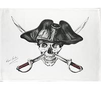 Half a Donkey Hand Drawn Pirate Skull in a Tricorn Hat Large Cotton Tea Towel
