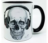Half a Donkey Hand Drawn Skull Wearing Headphones Mug with Glazed Black Handle and Inner