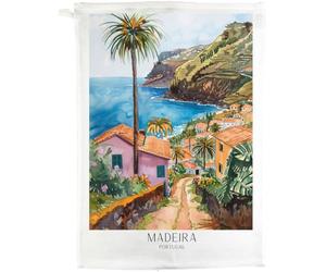 Half a Donkey Madeira Portugal Cotton Tea Towel, White, 47 x 65 cm, Vintage Travel Poster Design, Rectangular Kitchen Cloth with Hanging Loop