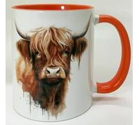 Half a Donkey The Highland Cow Ceramic Mug with Orange Glazed Handle and Inner 310ml (11oz)