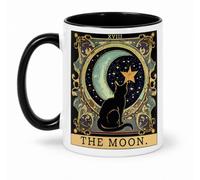 Half a Donkey The Moon Tarot Cat Coffee Mug, 11 oz, Black Interior | Black Cat Design, Celestial Artwork, Black Handle, Ceramic Mug, Tarot Card XVIII