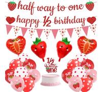 Half Birthday Decorations Banner Kit - 24 Pcs Glitter Berry 1/2 Year Birthday Banner Strawberry Balloons Pennant Cake Table Topper Sign For Baby Girl 6 Months Party Decor Supplies(Pre-strung )