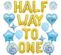 Half Birthday Decorations for Boy - Gold Half Way To One Banner Blue Heart Star Four Angle Baby Boy Letter Foil Balloons Blue Latex Confetti Balloons for Six Months Baby Shower Party Supplies