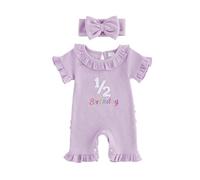 Half Birthday Romper Cake Smash 1/2 Birthday Outfit Halfway to 1 Baby Half Year Outfits Halfway to One Outfits 1/2 Way to One Outfit Girls Jumpsuit Bodysuit Letters Embroidery (Purple, 6-12 Months)