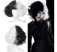 Half Black Half White Wig Women's Short Curly, Short Black White Wig, Cruella Deville Wigs, Short Wig for Women, Cosplay Synthetic Wigs for Fancy Dress, Carnival and Cosplay Party