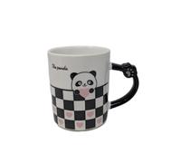 Half Checkered Kawaii Ceramic Panda Mug with Lid and Spoon, 12oz, Adorable Design, Perfect for Tea, Coffee, Hot Chocolate