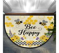 Half Circle Door Mat - Bee Happy Non-Slip Washable Half Round Entryway Area Rug - Absorbent Cute Carpet Semicircular Rug for Indoor Outdoor Bathroom Kitchen Bedroom, 60x90cm
