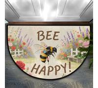 Half Circle Door Mat - Bee Happy Washable Non-Slip Half Round Entryway Area Rug - Absorbent Cute Carpet Semicircular Rug for Indoor Kitchen Bedroom Laundry Room Bathroom, 60x90cm