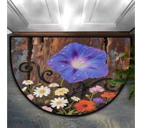Half Circle Door Mat - Washable Non-Slip Purple Morning Glories Half Round Entryway Area Rug - Absorbent Cute Carpet Semicircular Rug for Indoor Kitchen Laundry Room Bedroom Bathroom, 60x90CM