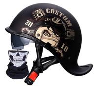 Half Face Motorcycle Helmet with Drop-Down Sun Visor Beanie Helmets, Vintage Leather Motorcycle Retro Half Helmet DOT Approved Motorbike for Scooter Bike Cruiser ATV Men Women