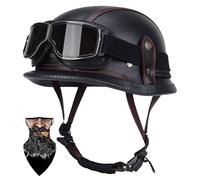 Half Helmet Vintage German Leather Motorcycle Half Helmet, Open Face Motorcycle Crash Helmet with Goggles, Men's Open Face Helmet, Jet Scooter Helmet ABS Quick Release Buckle D,XXL=61-62CM