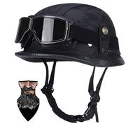 Half Helmet Vintage German Leather Motorcycle Half Helmet, Open Face Motorcycle Crash Helmet with Goggles, Men's Open Face Helmet, Jet Scooter Helmet ABS Quick Release Buckle B,L=57-58CM