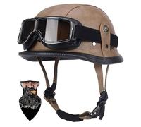 Half Helmet Vintage German Leather Motorcycle Half Helmet, Open Face Motorcycle Crash Helmet with Goggles, Men's Open Face Helmet, Jet Scooter Helmet ABS Quick Release Buckle C,M=55-56CM