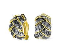 Half Hoop Curved Two Tone Woven Cable Braided Dome Weave Clip On Earrings For Women Non Pierced Ears Oxidized Silver Gold Plated Brass