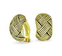 Half Hoop Curved Woven Braided Dome Basket Weave Clip On Earrings For Women Button Style Non Pierced Ears Oxidized Gold Plated Brass