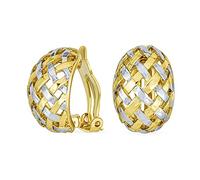 Half Hoop Curved Woven Braided Dome Two Tone Open Basket Weave Clip On Earrings For Women Button Style Non Pierced Ears Silver Gold Plated Brass