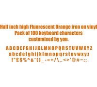 Half inch high Fluorescent Orange iron on Vinyl. Pack of 100 keyboard characters made up of Letters, numbers or any other keyboard symbol