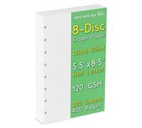 Half Letter Graph Paper Junior Size, 8-Disc Punched, Quad Ruled, 120GSM, 200 Sheets (400 Pages), 5.5 x 8.5 Inches, 1/4 Inch Squares Refill for Discbound Notebooks