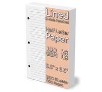 Half Letter Lined Paper, 3-Hole Punched, 250 Sheets/500 Pages, 100 GSM, Printer Paper Binder Refill, 5.5 in. x 8.5 in., fits in Half Letter 3-Ring Binders, Binder Refill Line Inserts