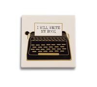 Half Moon Bay I Will Write My Book 4 Inch Square Ceramic Stoneware Beverage Drink Coaster Black and White