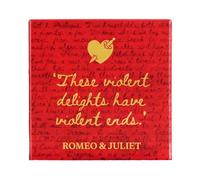 Half Moon Bay Violent Delights Violent Ends Shakespeare Romeo & Juliet 4 Inch Square Ceramic Stoneware Single Beverage Drink Coaster Red and Gold