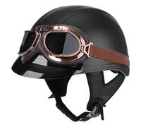 Half Open Face Motorbike Helmet Adult Pu Leather Vintage Electric Car Helmets with Goggles Brim Road Legal Lightweight Cruiser