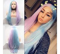 Half Pink Blue Synthetic Lace Front Wigs for Women Natural Looking Long Straight Rainbow Lace Front Wig Heat Resistant Replacement Ombre Hair Cosplay Wigs for Black Women Ladies Wigs 24 Inch