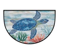 Half Round Area Rug,Blue Sea Turtle On Woor Board Washable Semi Circle Front Door Mat for Indoor Entrance Bathroom Bedroom,Non-Slip Doormat,36x24IN