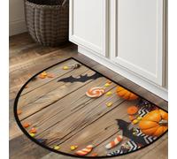 Half Round Area Rug,Farm Halloween Pumpkin Bat On Wooden Washable Semi Circle Front Door Mat for Indoor Entrance Bathroom Bedroom,Non-Slip Doormat,36x24IN