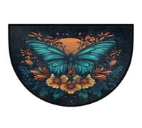 Half Round Area Rug,Teal Butterfly Flowers On Black Washable Semi Circle Front Door Mat for Indoor Entrance Bathroom Bedroom,Non-Slip Doormat,36x24IN