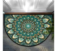 Half Round Doormat Green Mandala Boho Floral Washable Semi Circle Area Rug Non Slip Absorbent Half Moon Rug for Indoor Outdoor Bathroom Kitchen Patio Front Welcome Fireplace Hearth Floor Mat