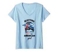 Half Scottish And American America Scotland Usa Flag Girl V-Neck T-Shirt