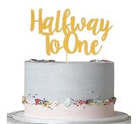 Half way To One Cake Topper - Single-side Gold Glitter 1/2 Way to One Cake Topper, Boy or Girl 6 Months Birthday Party Decoration Supplies, Baby Six Months Old Birthday Party Decorations