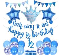 Half Way To One Decorations - 20 Pcs Blue 6 Months Party Decor Including Happy 1/2 Birthday Banner Triangle Flag Star Foil Balloon Confetti Balloons for Baby Boys Birthday Supplies