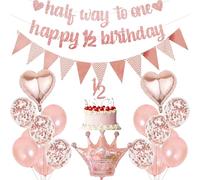 Half Way To One Decorations - 20 Pcs Happy 6 Months Decoration Including Rose Gold Happy 1/2 Birthday Banner Triangle Flag Confetti Latex Balloons For Baby Girls Party Supplies