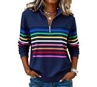Half-Zip Collar Fashionable Rainbow Striped Sweatshirt, V Neck Rainbow Striped Long Sleeve Pullover (Blue,5XL)