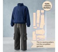 Half Zip Fleece Sweatshirt & Cargo Wide Leg Pants Sewing Pattern Bundle, Stand Collar Pullover 2Pcs Outfit 1:1 Template, Illustrated Guide, Finished Set Not Included