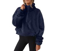 Half Zip Fleece Women Crop Long Sleeve Stand Collar Teddy Fleece Tunic Tops Blouse Zip Up Double Fleece Jumpers Solid Loose Fit Casual Fluffy Pullover Tops Sweatshirts Fall Winter Warm Coats Clearance