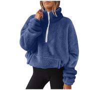 Half Zip Fleece Women Oversized Sweatshirt with Pockets Cropped Jumper Long Sleeve Pullover Stand Collar Fluffy Jumpers Warm Teddy Fleece Tops Ladies Fall Winter Casual Loose Sweatshirts